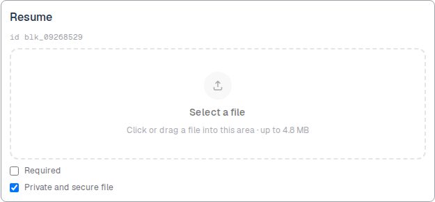 File upload card with Private and secure file checked.