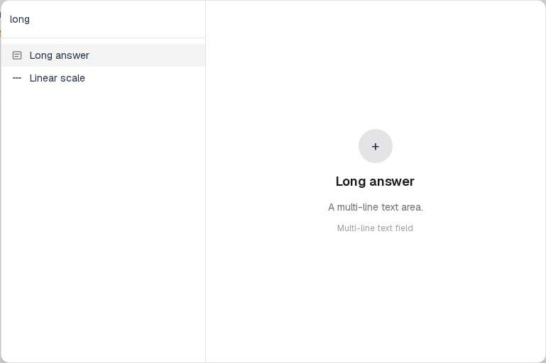 Insert menu open on Long answer in the Questions group.