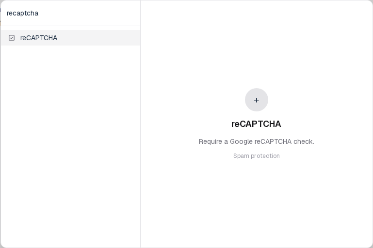 Insert menu open on reCAPTCHA in the Advanced group.