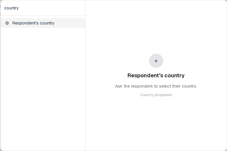 Insert menu open on Respondent's country in the Questions group.