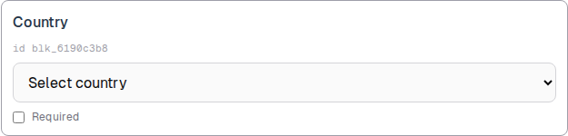 Country card with the Select country dropdown preview.
