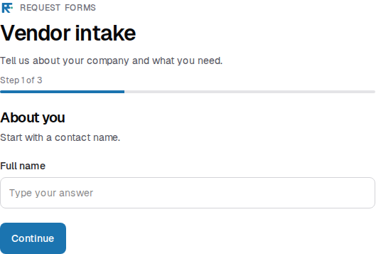 Focus preview of the same form. A progress bar and Question 1 of 3.