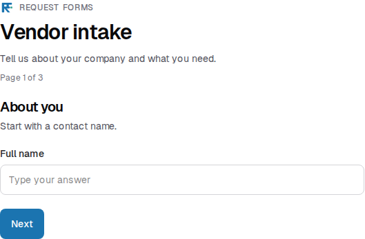 Pages preview of a vendor intake form. Page 1 of 3, with Next at the bottom.