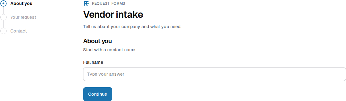 Stepper preview of the same form. A circle for About you, Your request, and Contact.
