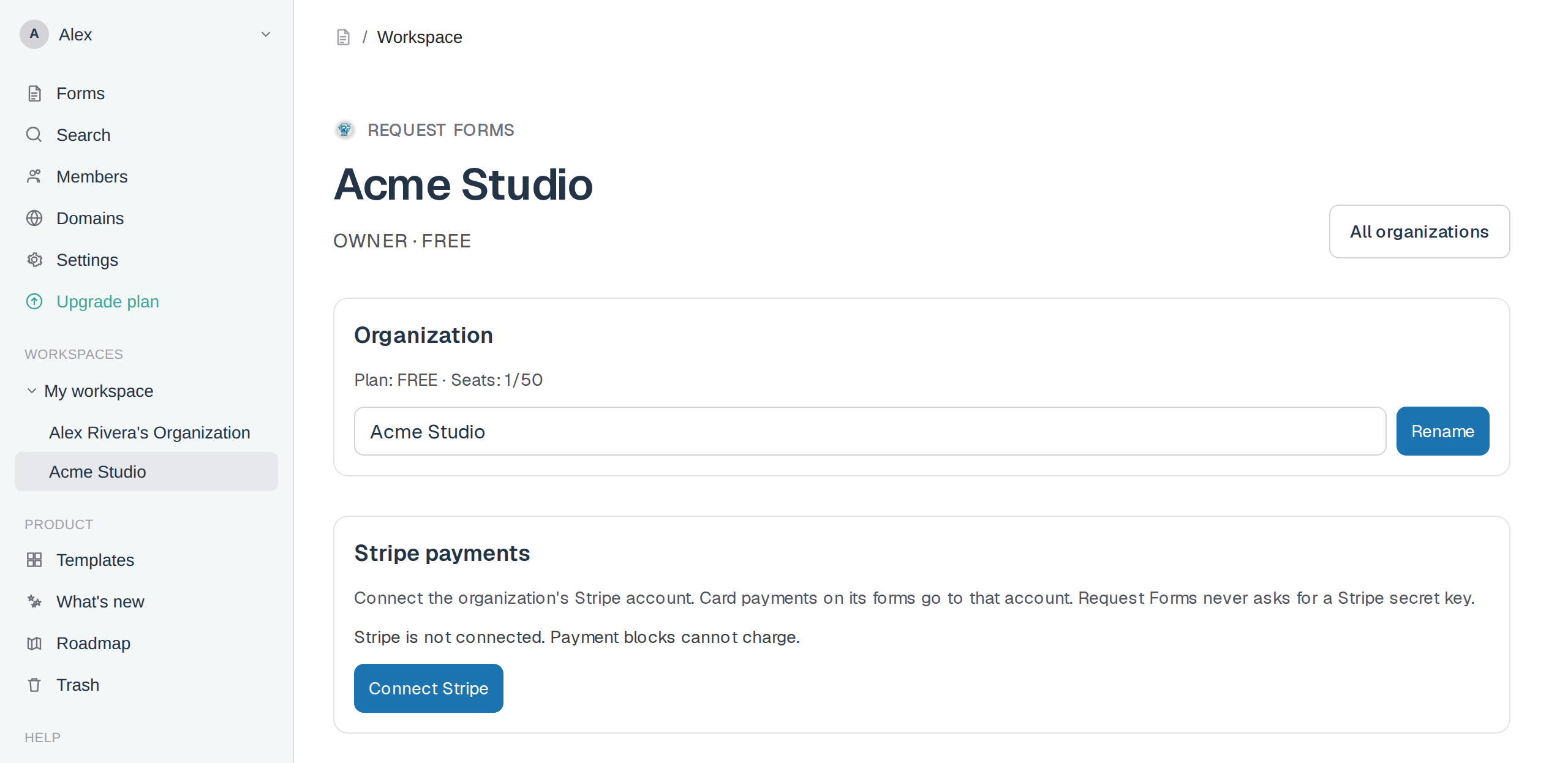 Stripe payments section with Connect Stripe.