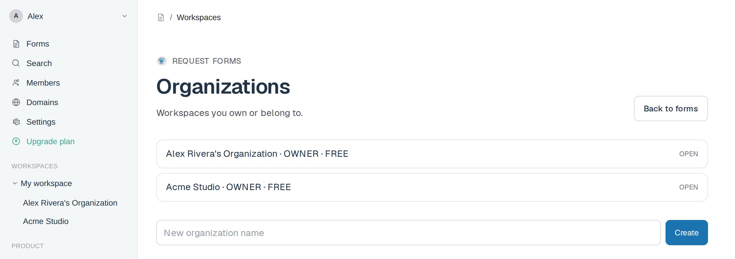 Organizations list. Open the workspace you want to connect.